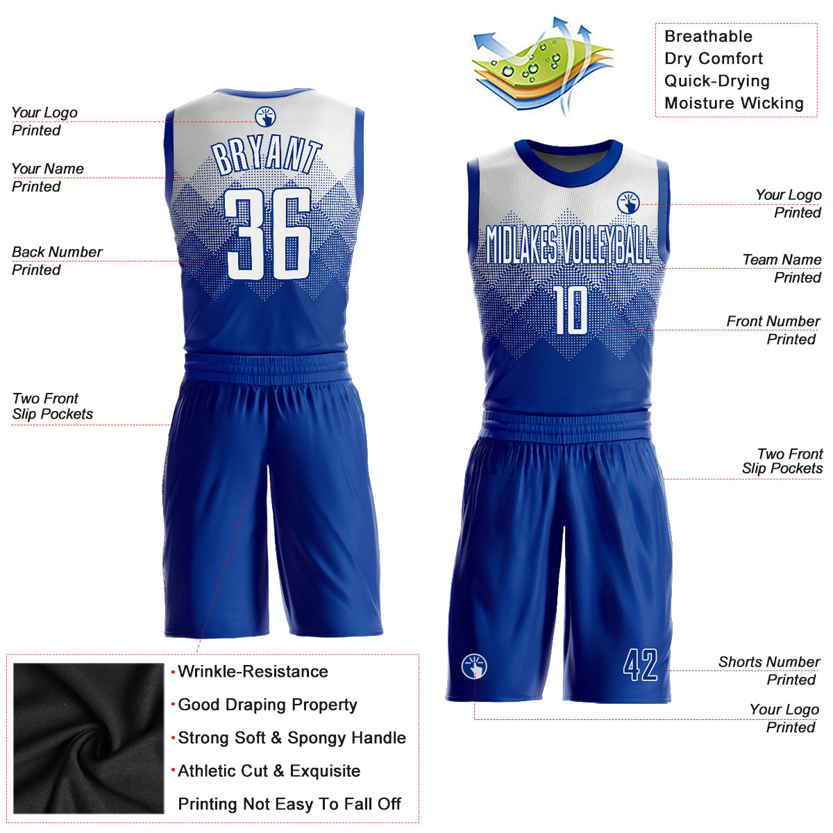 Custom Royal White Round Neck Sublimation Basketball Suit Jersey - Image 2