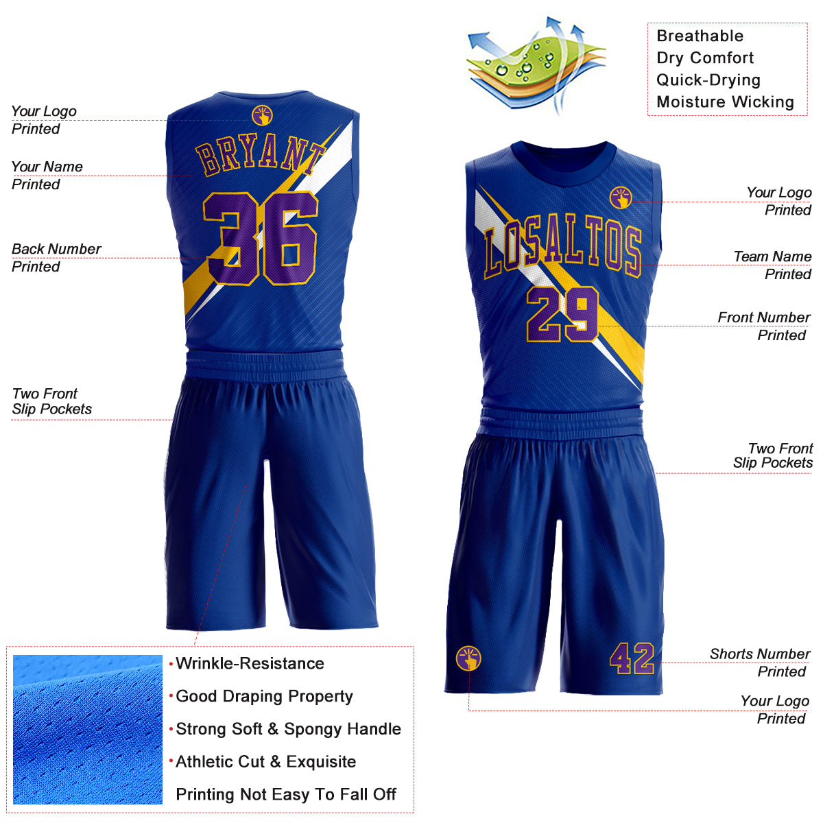 Custom Royal Purple-Yellow Diagonal Lines Round Neck Sublimation Basketball Suit Jersey - Image 2
