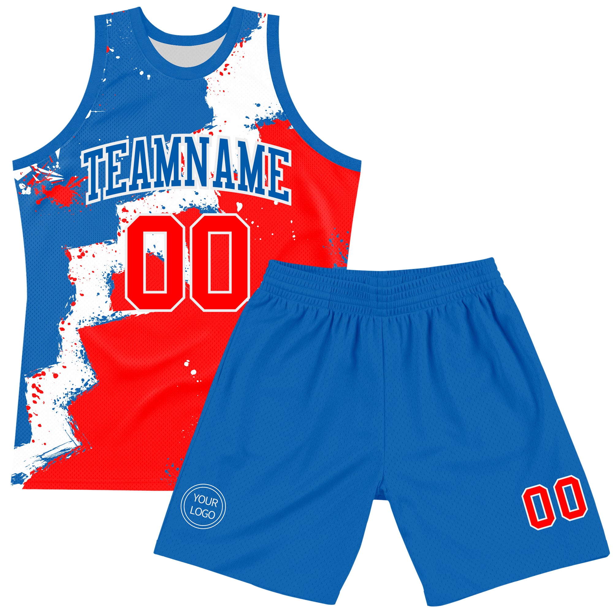 Custom Royal Red-White Splash Round Neck Sublimation Basketball Suit Jersey - Image 2