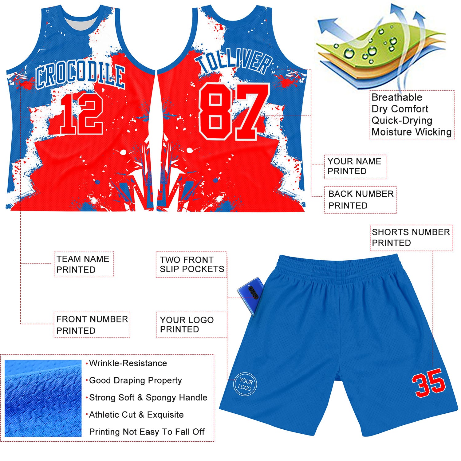 Custom Royal Red-White Splash Round Neck Sublimation Basketball Suit Jersey - Image 3