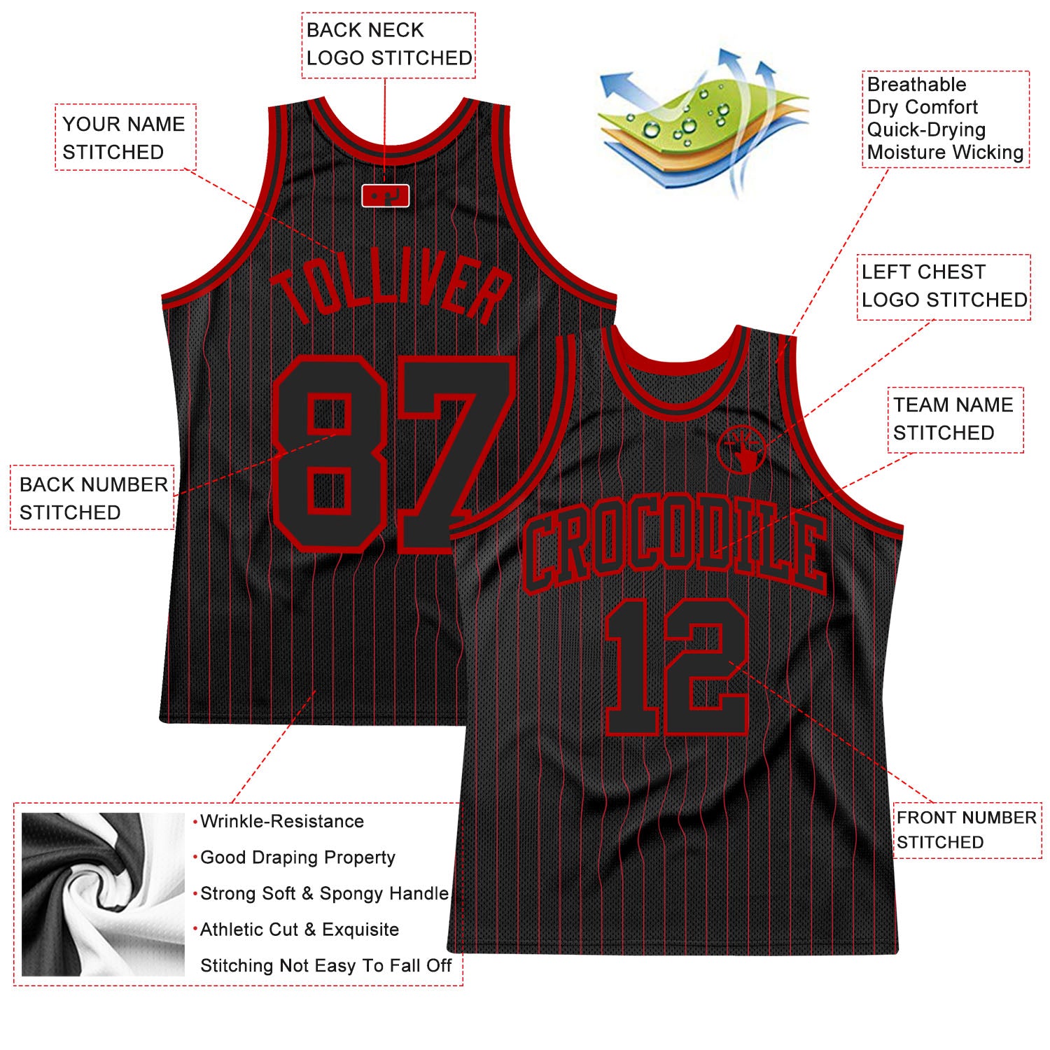 Custom Black Red Pinstripe Black-Red Authentic Basketball Jersey - Image 2