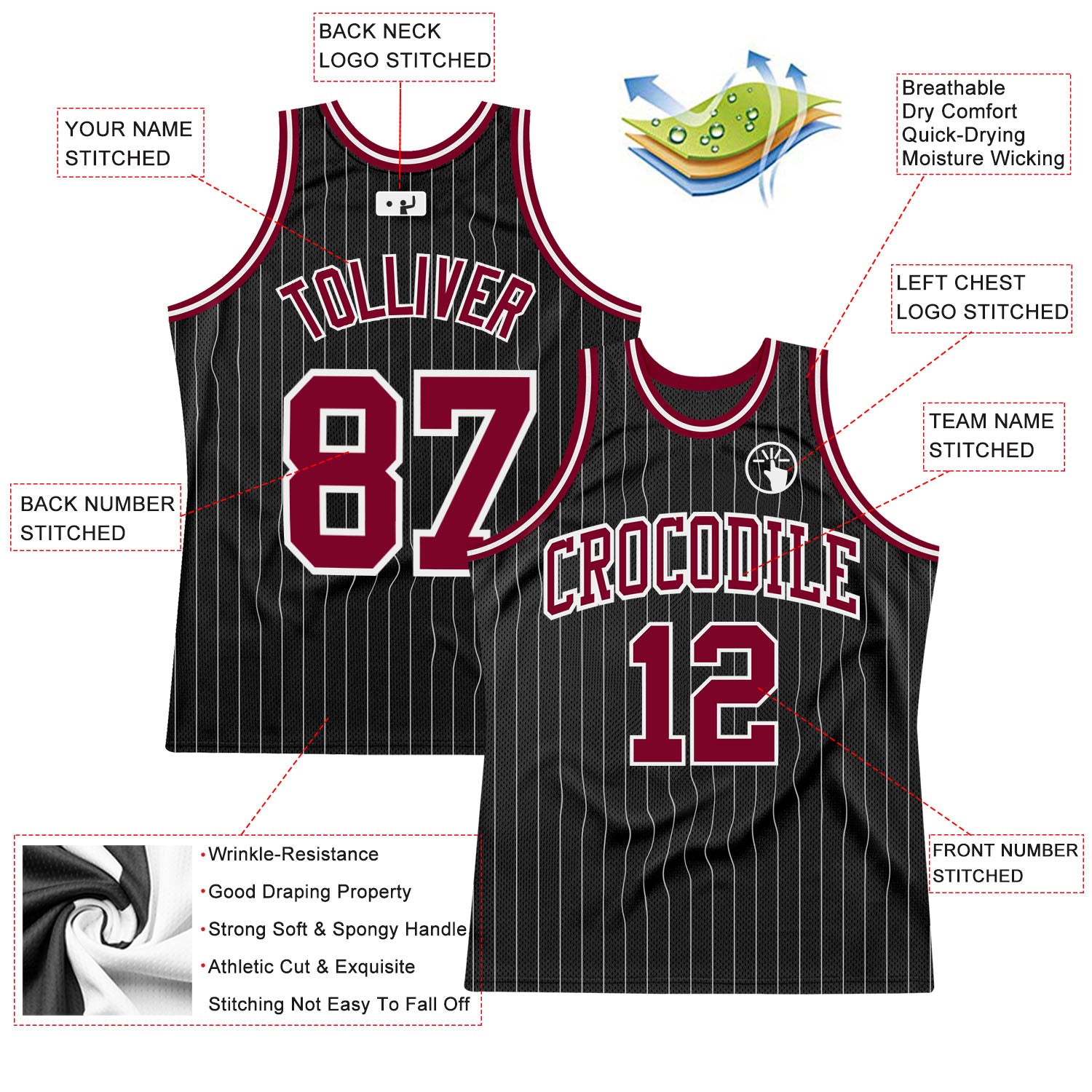 Custom Black White Pinstripe Maroon-White Authentic Basketball Jersey - Image 2