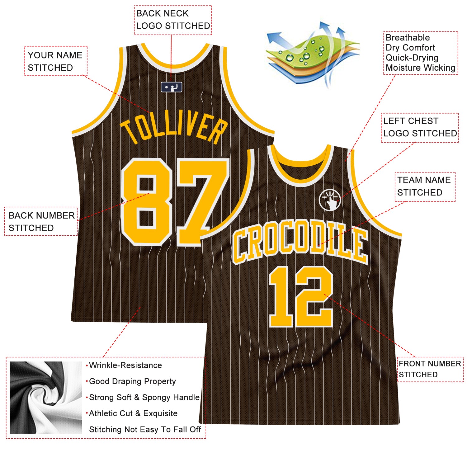 Custom Brown White Pinstripe Gold Authentic Basketball Jersey - Image 2