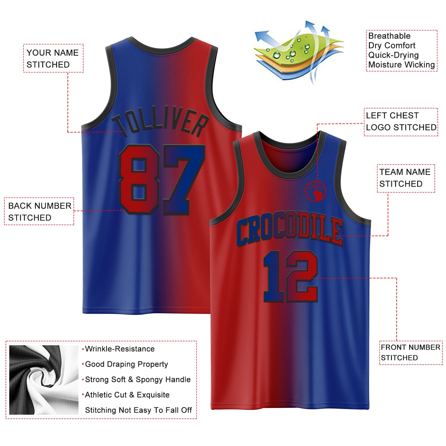 Custom Royal Red-Black Authentic Gradient Fashion Basketball Jersey - Image 3