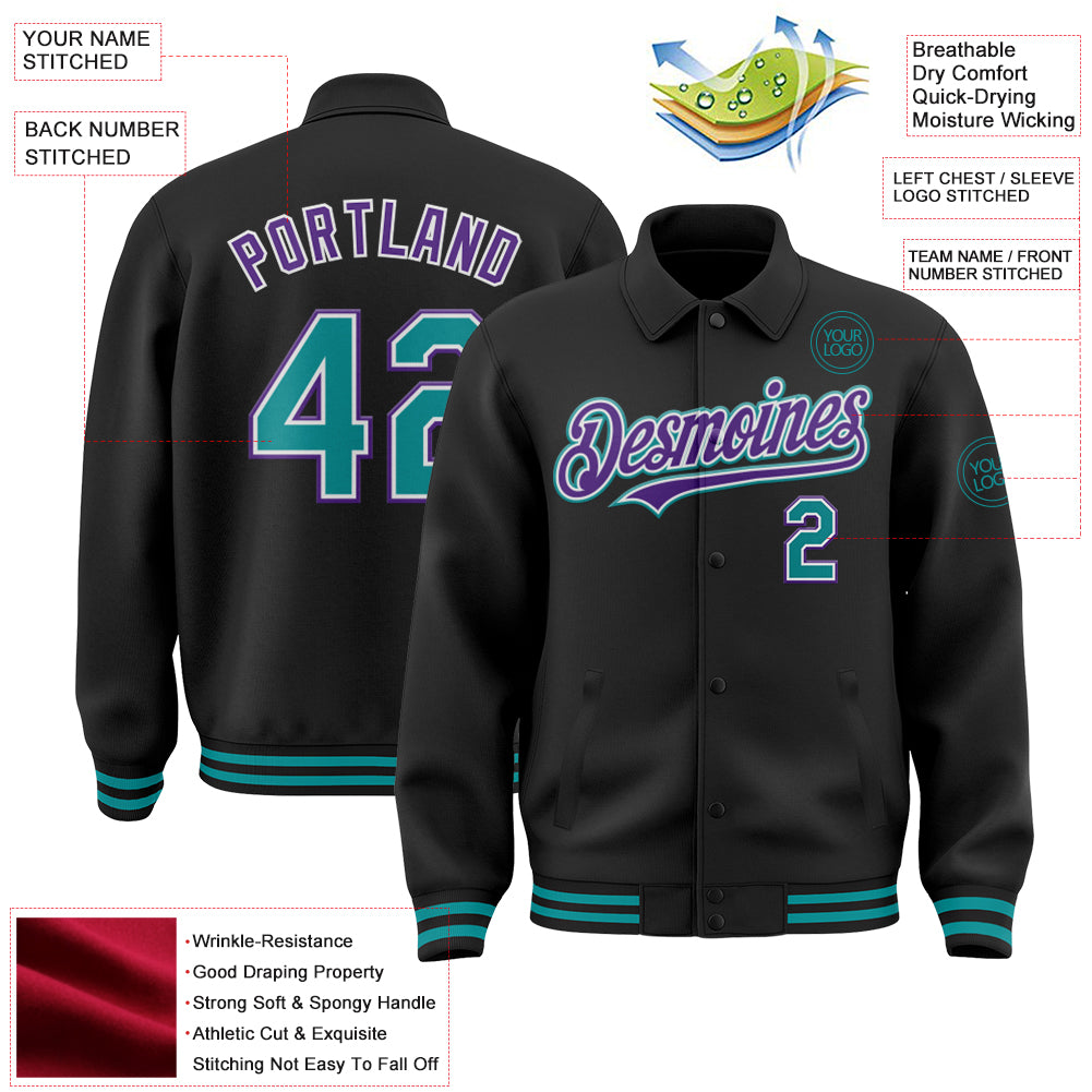Custom Black Teal-Purple Bomber Full-Snap Varsity Letterman Lapel Collar Byron Jacket - Image 3