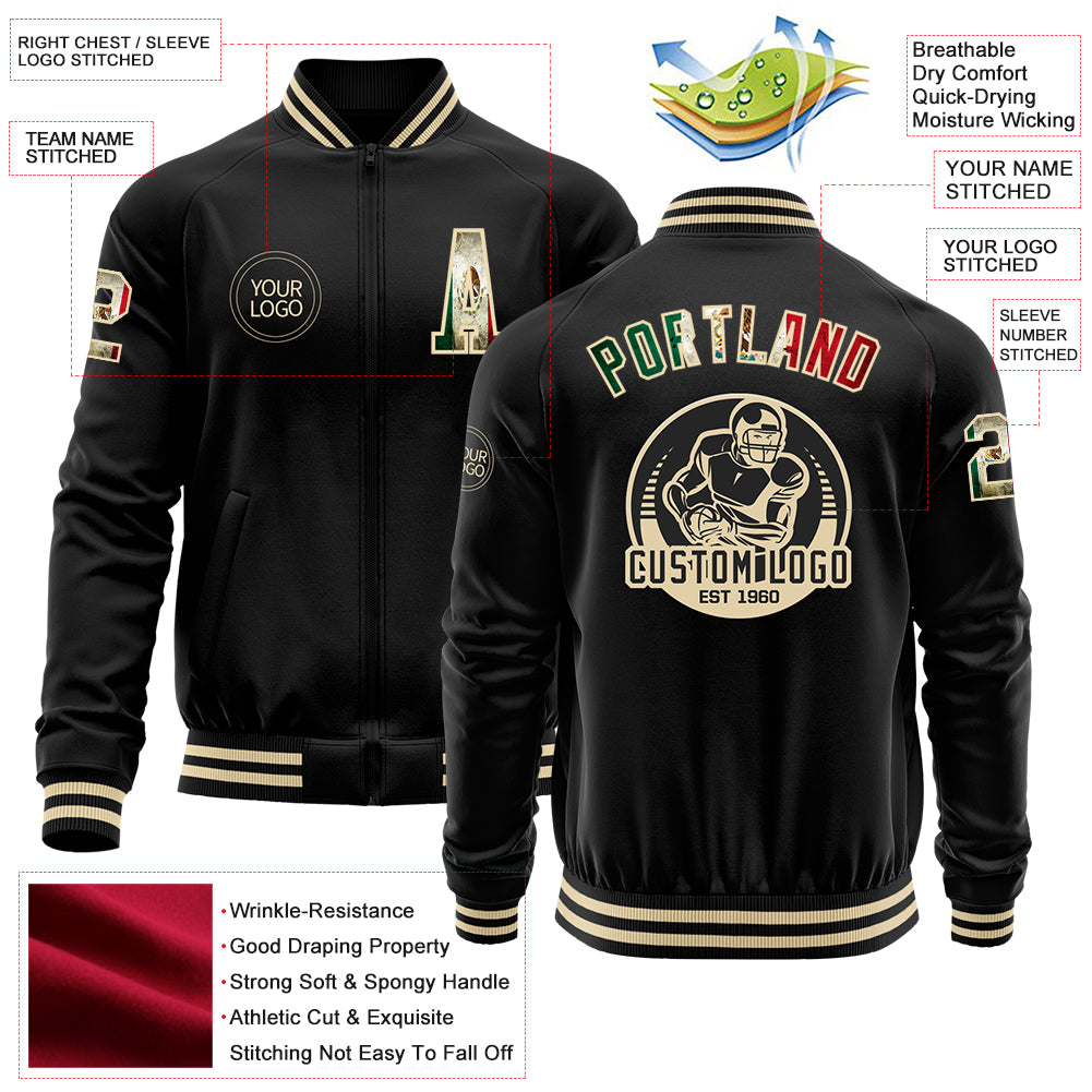 Custom Black Vintage Mexican Flag-Cream Bomber Varsity Letterman Zipper Jacket - Image 3