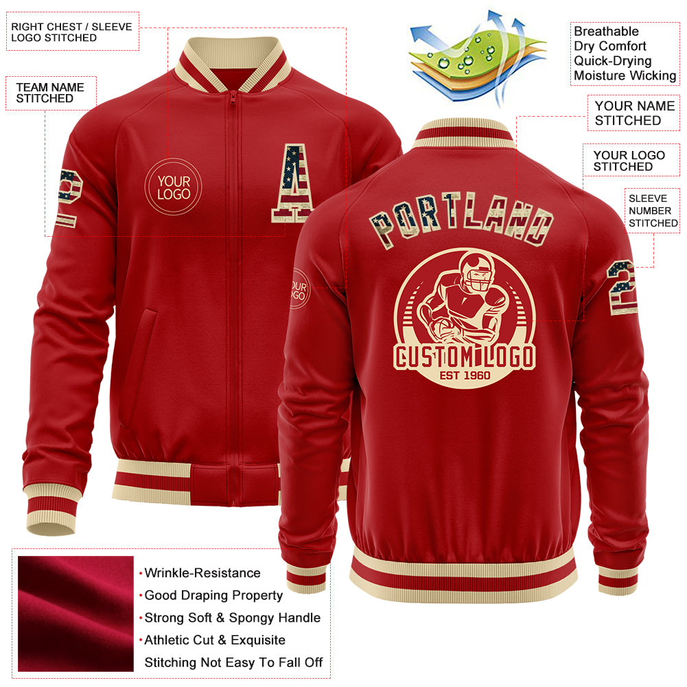 Custom Red Vintage USA Flag-Cream Bomber Varsity Letterman Zipper Jacket - Image 3