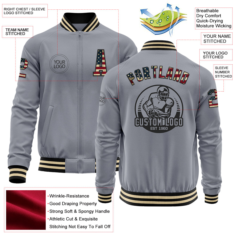 Custom Gray Vintage USA Flag Black-Cream Bomber Varsity Letterman Zipper Jacket - Image 3