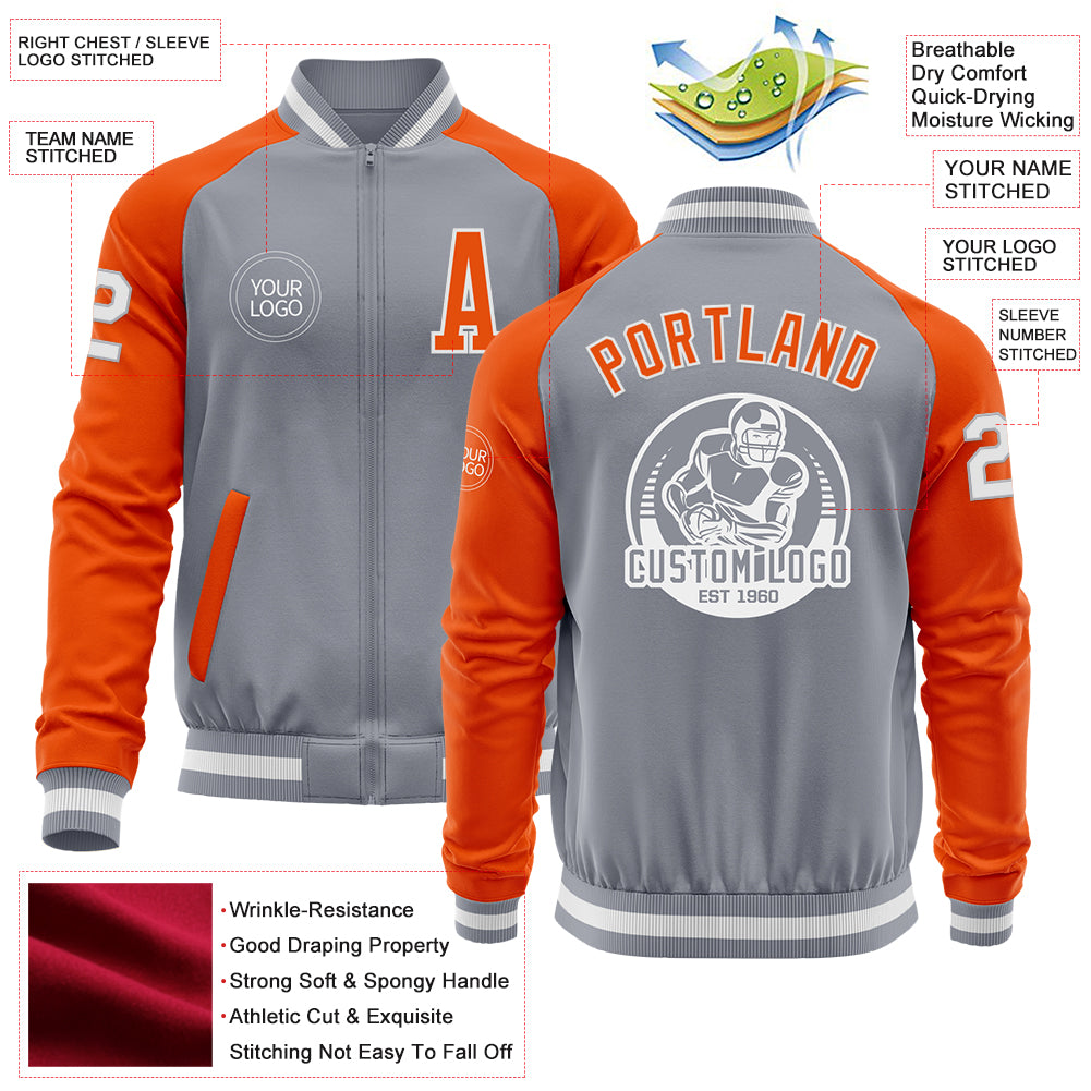 Custom Gray White-Orange Bomber Varsity Letterman Two Tone Zipper Jacket - Image 3