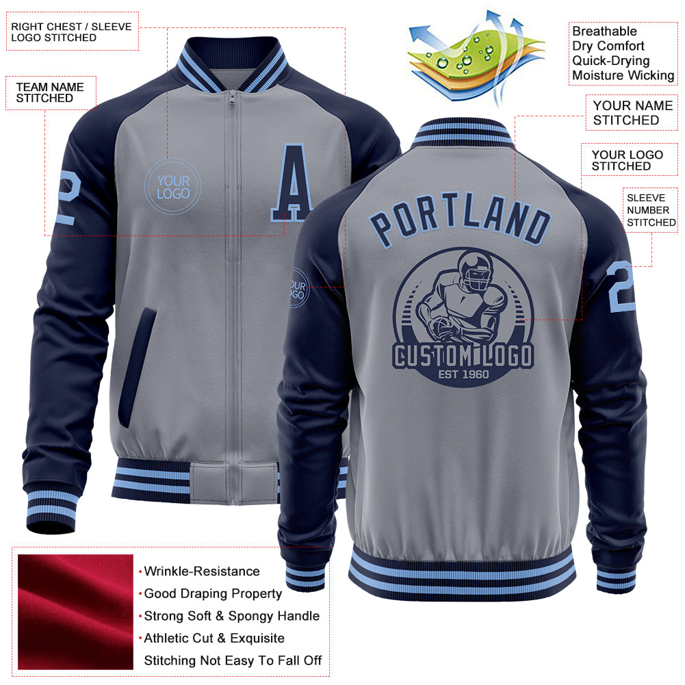 Custom Gray Light Blue-Navy Varsity Letterman Two Tone Zipper Jacket - Image 3