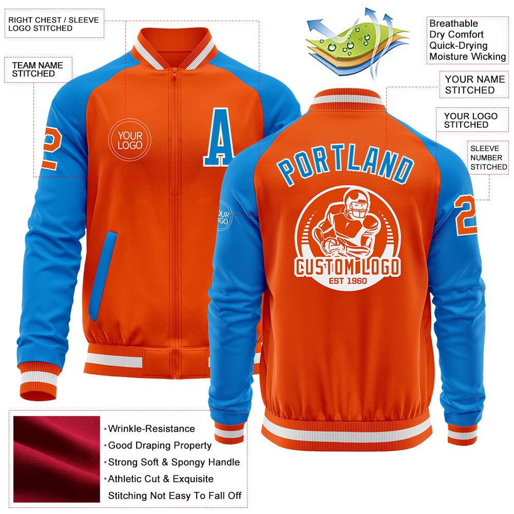 Custom Orange White-Powder Blue Bomber Varsity Letterman Two Tone Zipper Jacket - Image 3