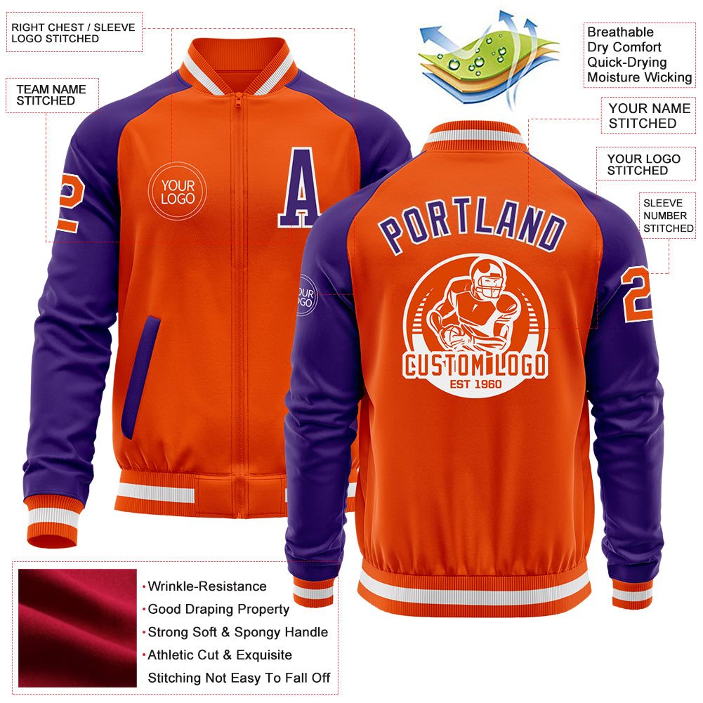 Custom Orange White-Purple Bomber Varsity Letterman Two Tone Zipper Jacket - Image 3