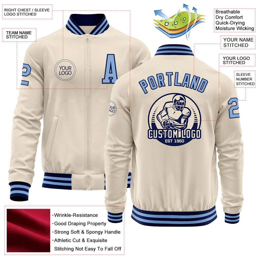 Custom Cream Light Blue-Navy Bomber Varsity Letterman Zipper Jacket - Image 3