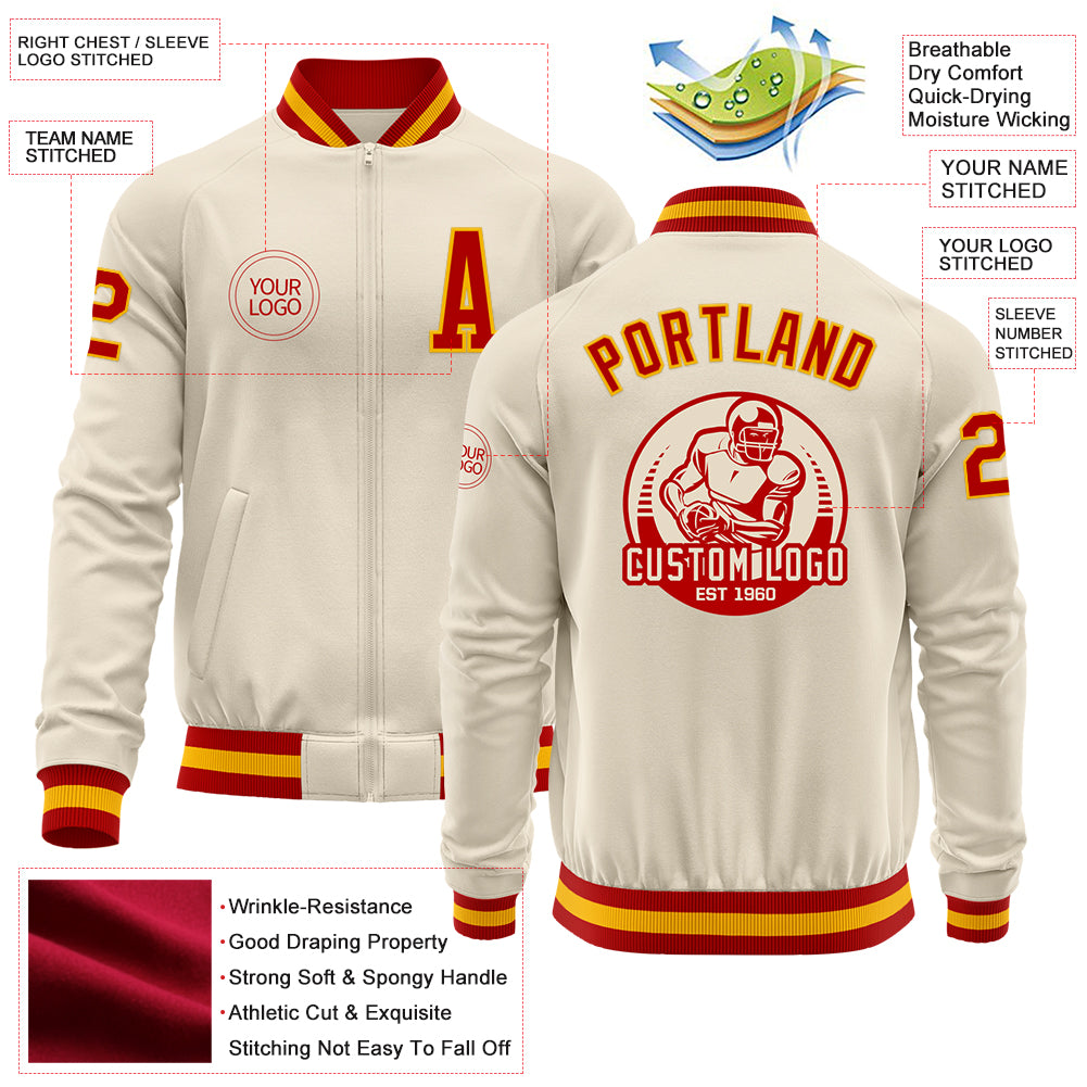 Custom Cream Red-Gold Bomber Varsity Letterman Zipper Jacket - Image 3