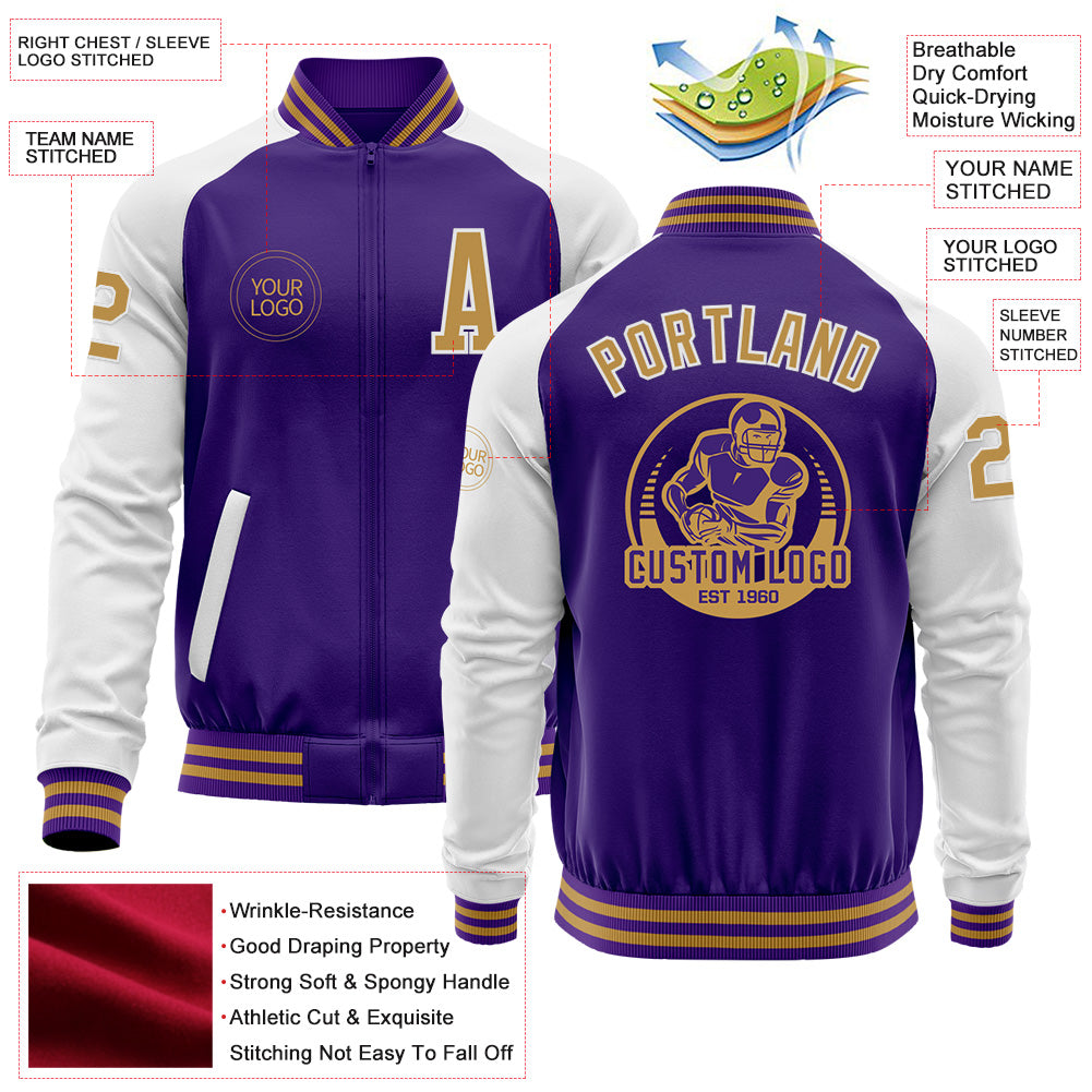Custom Purple Old Gold-White Bomber Varsity Letterman Two Tone Zipper Jacket - Image 4
