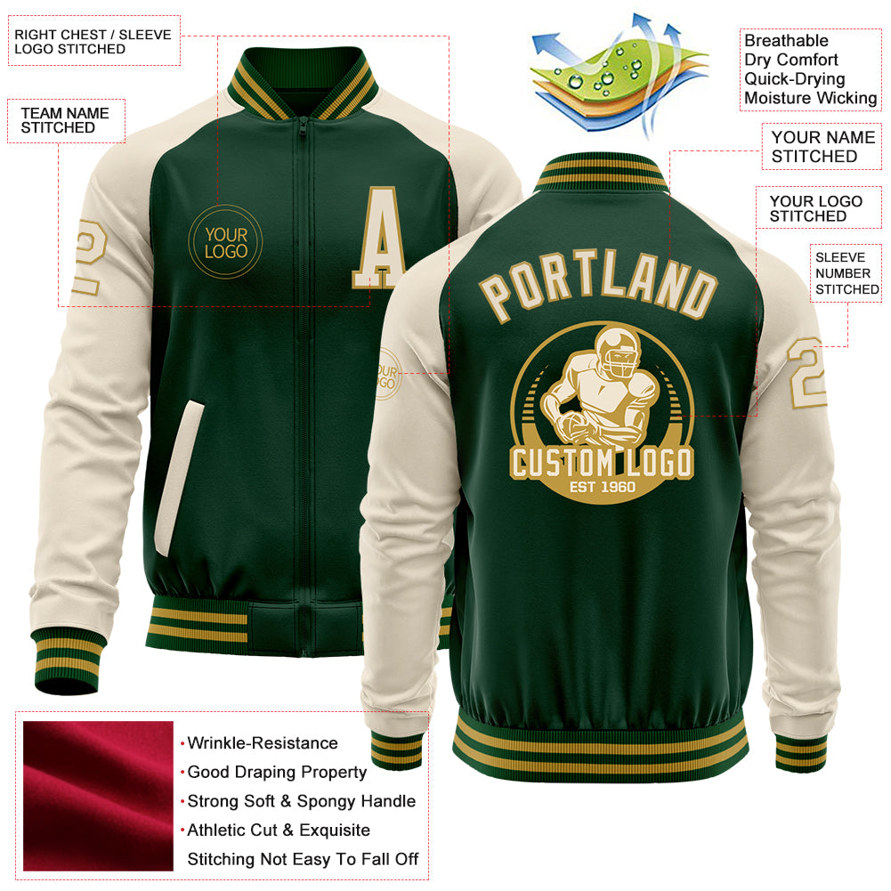 Custom Green Cream-Old Gold Bomber Varsity Letterman Two Tone Zipper Jacket - Image 4