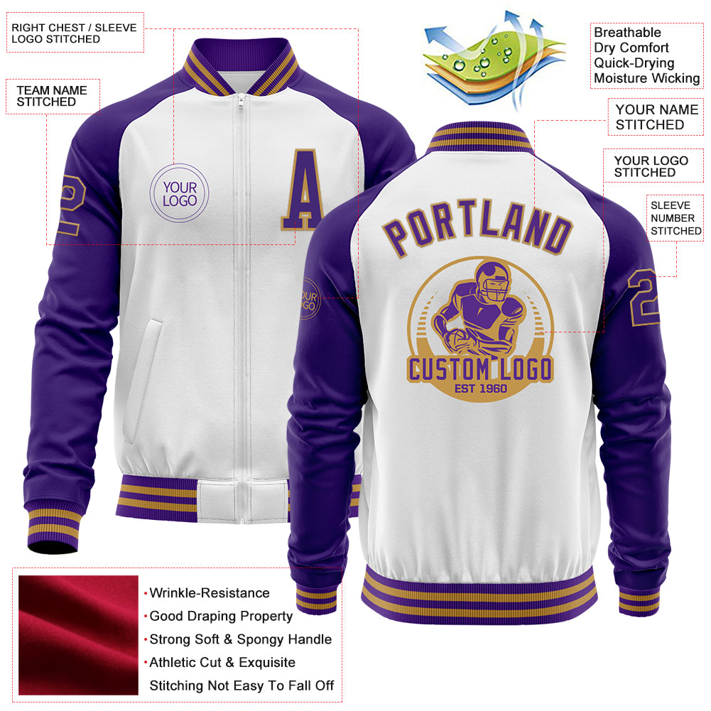 Custom White Purple-Old Gold Bomber Varsity Letterman Two Tone Zipper Jacket - Image 4