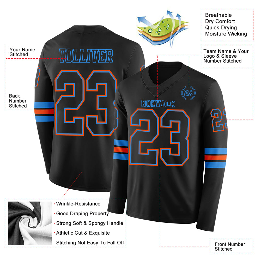 Custom Black Powder Blue-Orange Long Sleeve Authentic Football Jersey - Image 2
