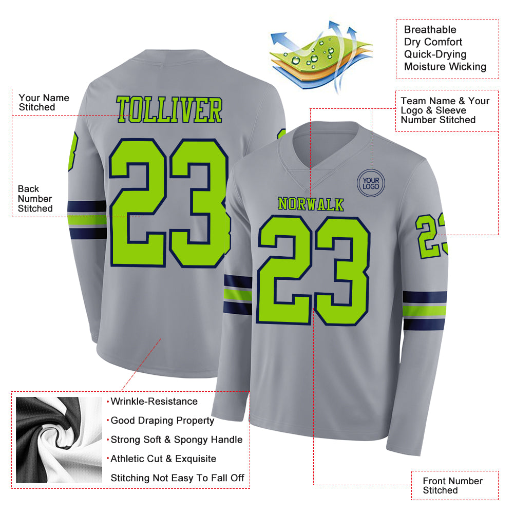 Custom Gray Neon Green-Navy Long Sleeve Authentic Football Jersey - Image 2