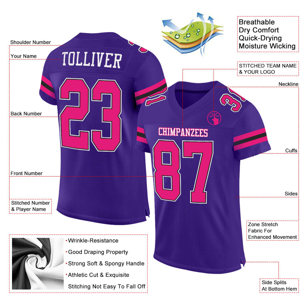 Custom Purple Hot Pink-Black Mesh Authentic Football Jersey - Image 2