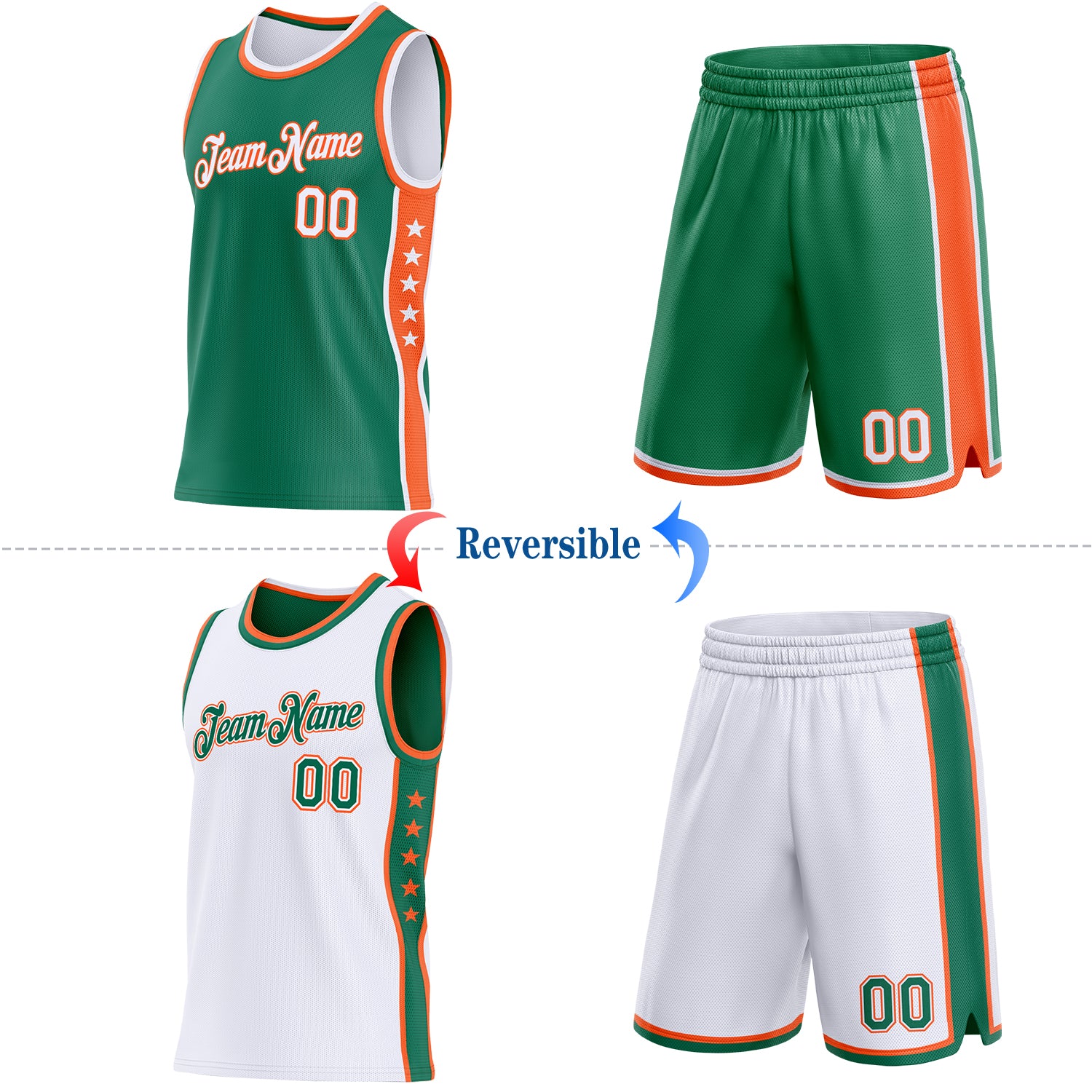 Custom Reversible Kelly Green White-Orange Double Side Star Sublimation Basketball Suit Jersey - Image 2