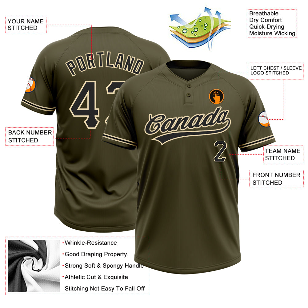 Custom Olive Black-City Cream Salute To Service Two-Button Unisex Softball Jersey - Image 3