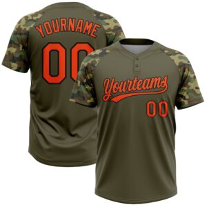 Custom Olive Orange-Black Salute To Service Camo Raglan Sleeves Two-Button Unisex Softball Jersey