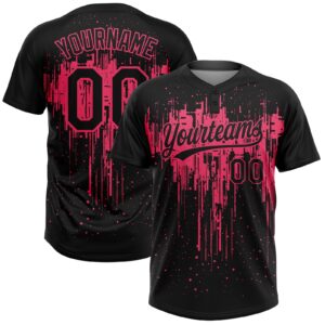 Custom Black Neon Pink Dripping Splatter Paint Two-Button Unisex Softball Jersey
