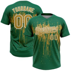 Custom Kelly Green Old Gold-White Dripping Splatter Paint Two-Button Unisex Softball Jersey