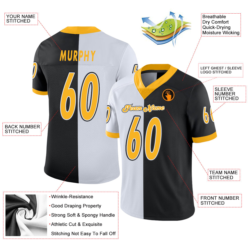 Custom Black Gold-White Split Fashion Football Jersey - Image 3